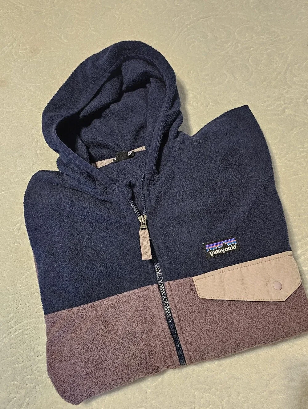Patagonia Girls XL 14 Micro D Snap-T Full Zip Fleece Hoodie Colorblk Purple Navy